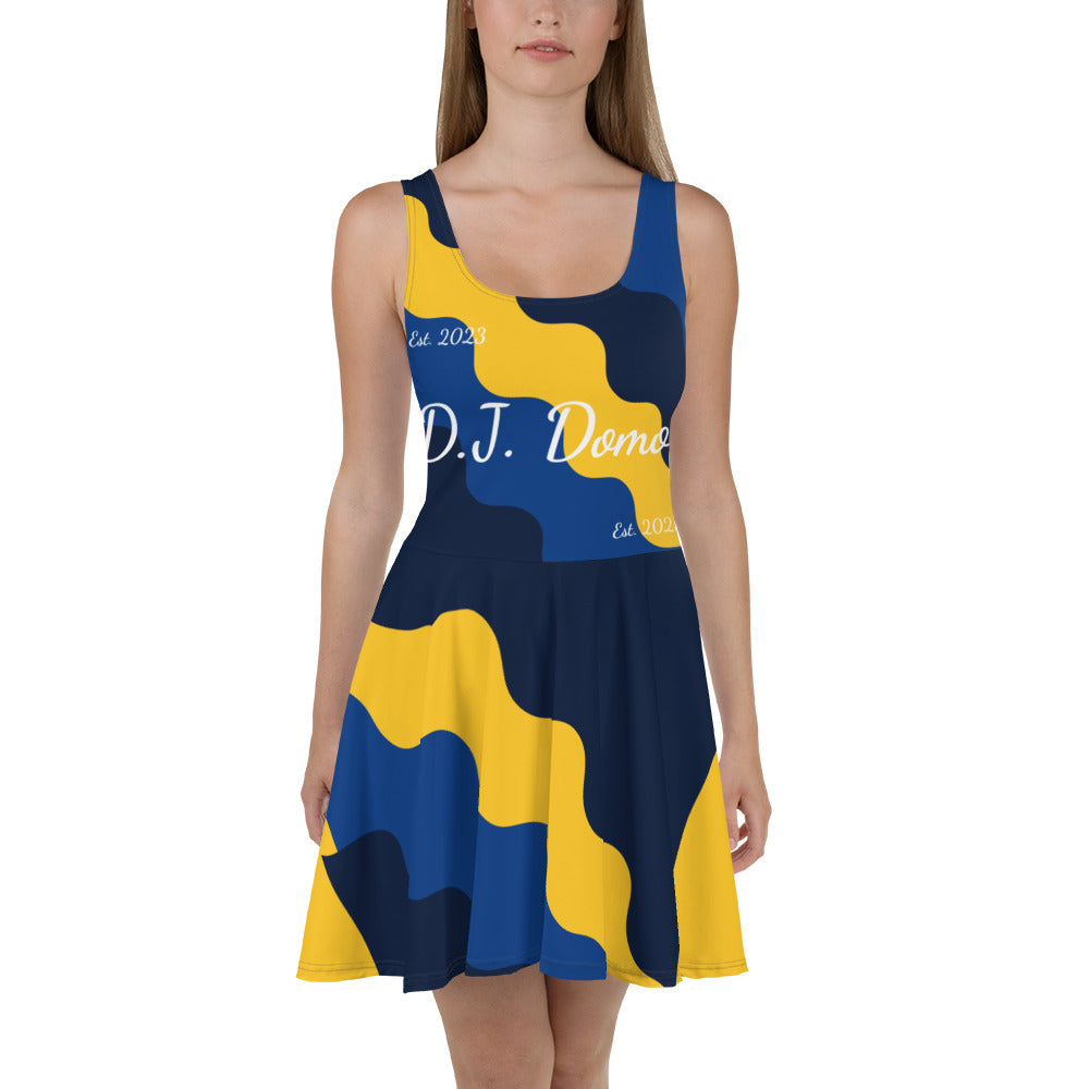 D.J. Domo "Fatigue Cursive" Skater Dress Gold/Blue/White