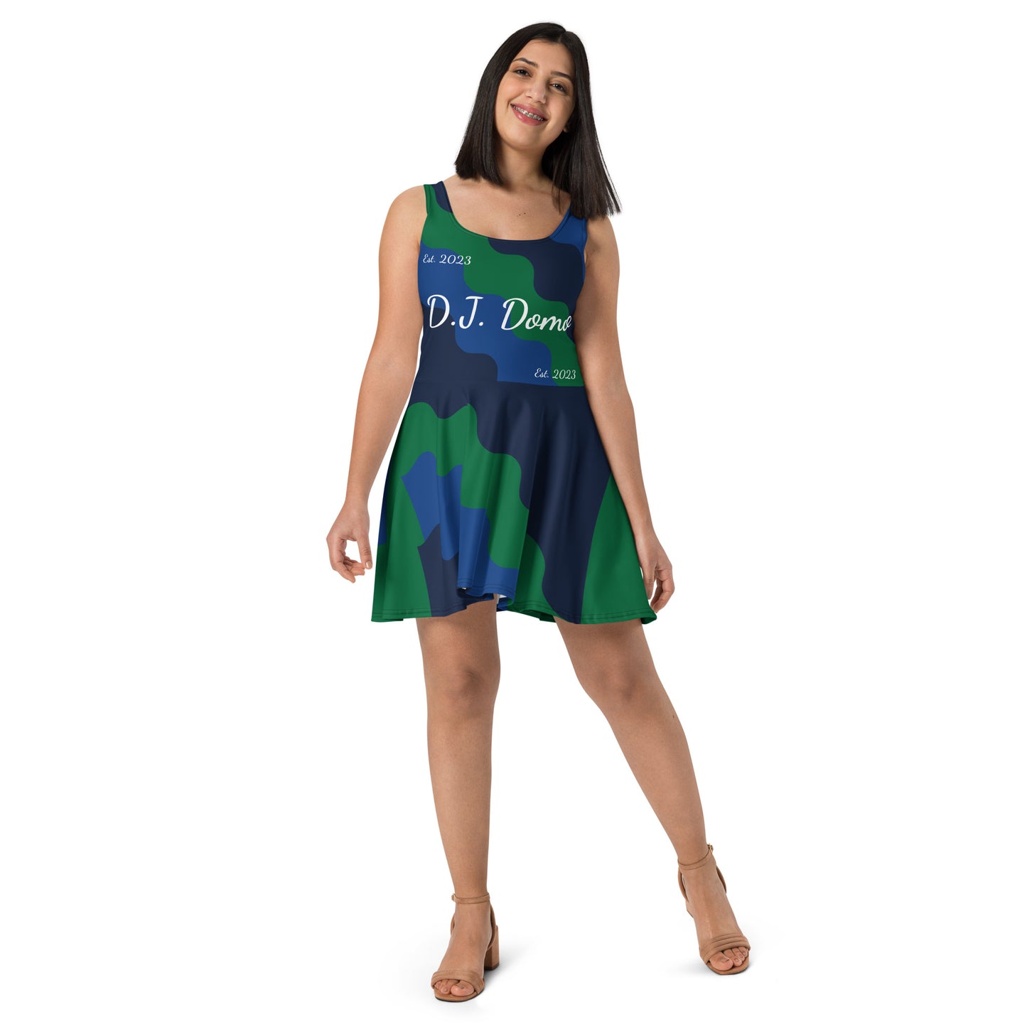 D.J. Domo "Fatigue Cursive" Skater Dress Green/Blue/White