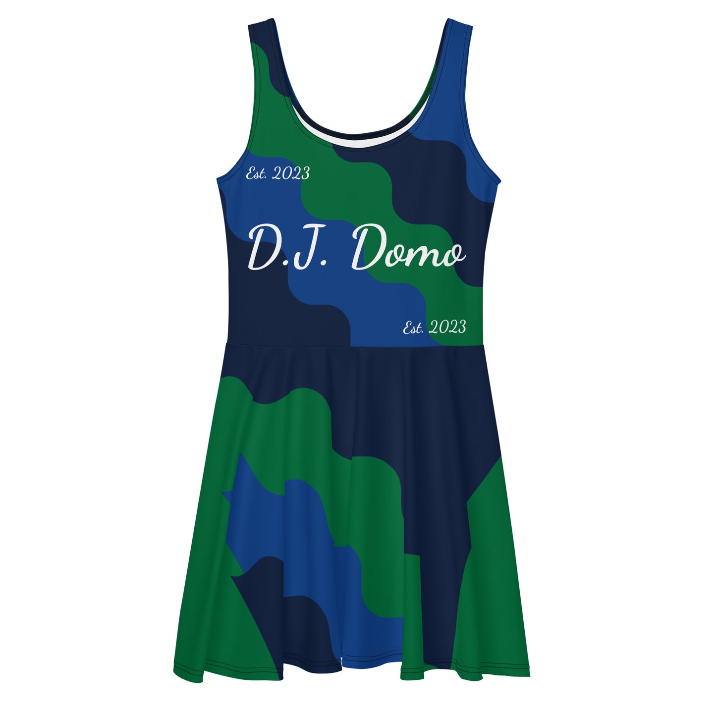 D.J. Domo "Fatigue Cursive" Skater Dress Green/Blue/White