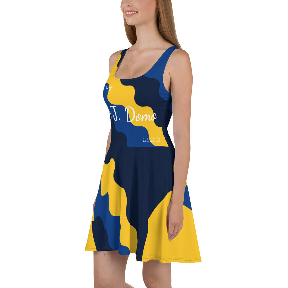 D.J. Domo "Fatigue Cursive" Skater Dress Gold/Blue/White