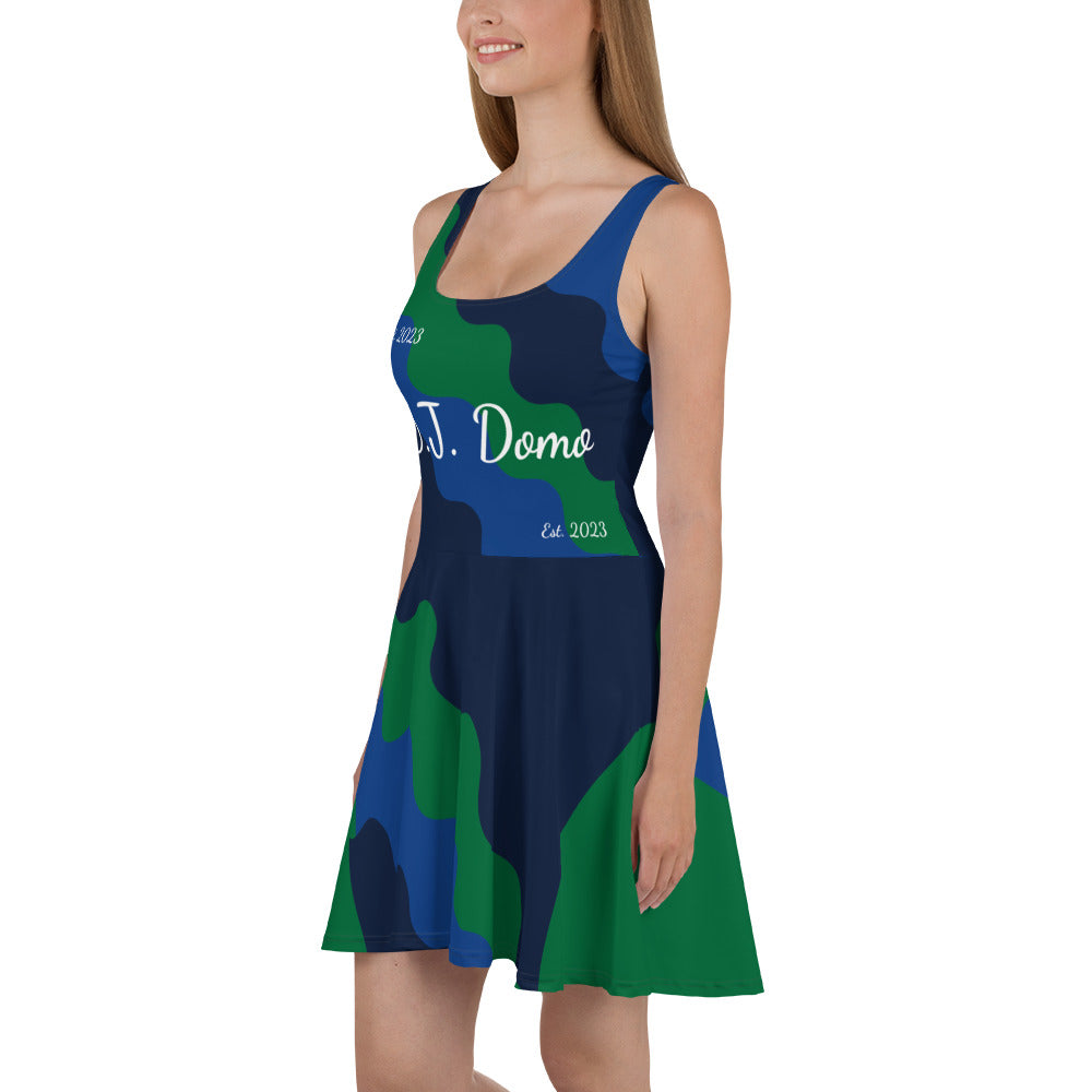 D.J. Domo "Fatigue Cursive" Skater Dress Green/Blue/White