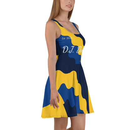 D.J. Domo "Fatigue Cursive" Skater Dress Gold/Blue/White