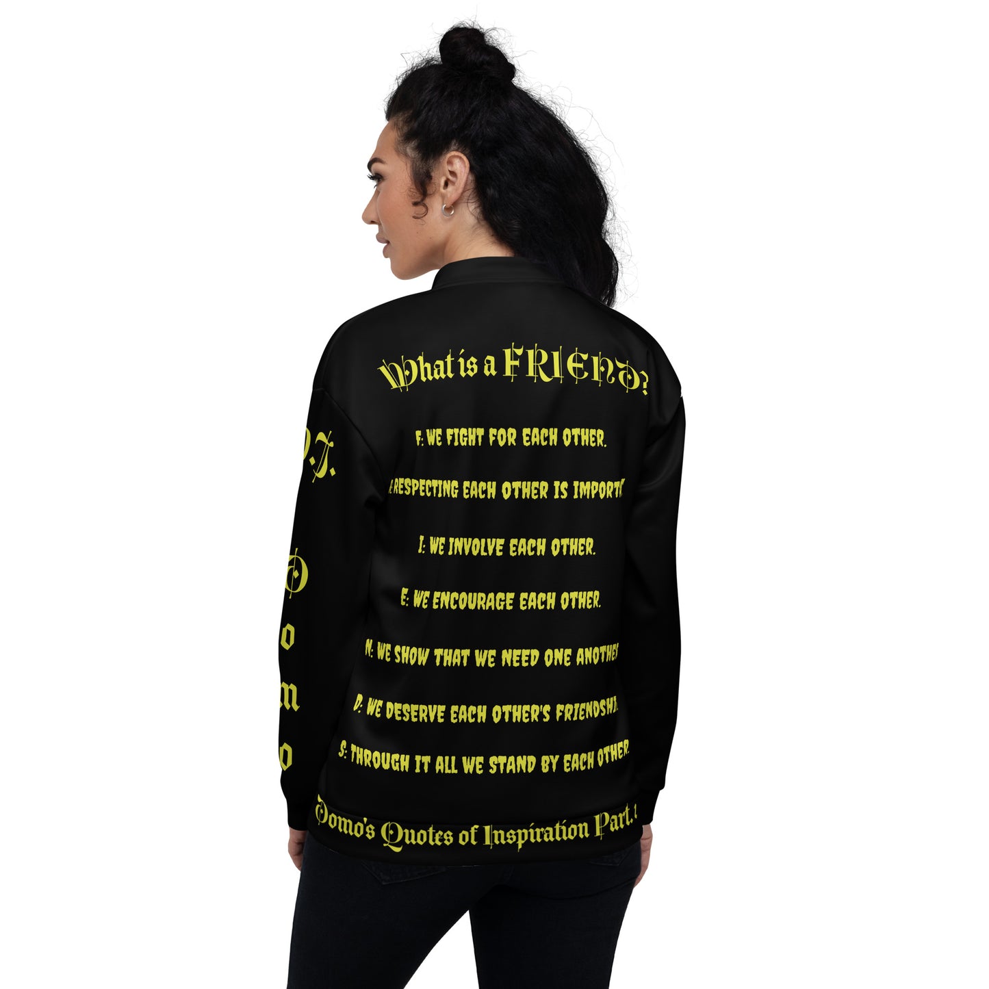 D.J. Domo "What is a Friend?" Unisex Bomber Jacket Black/Gold