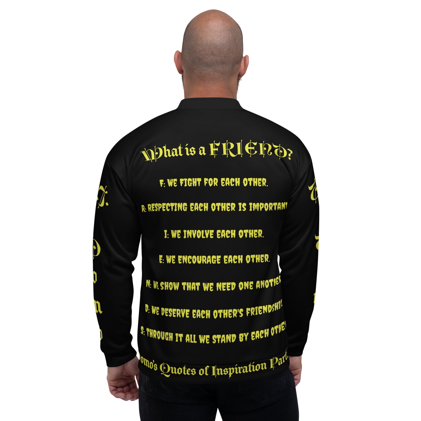 D.J. Domo "What is a Friend?" Unisex Bomber Jacket Black/Gold