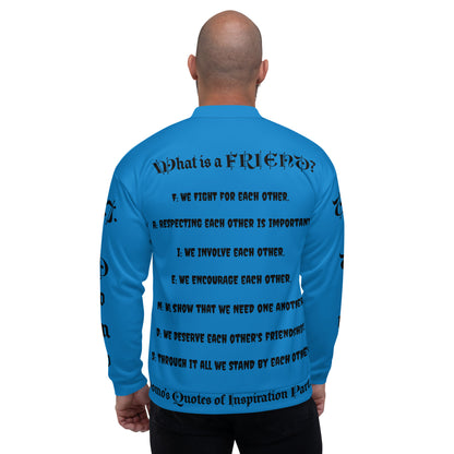 D.J. Domo "What is a Friend?" Unisex Bomber Jacket Light Blue/Black