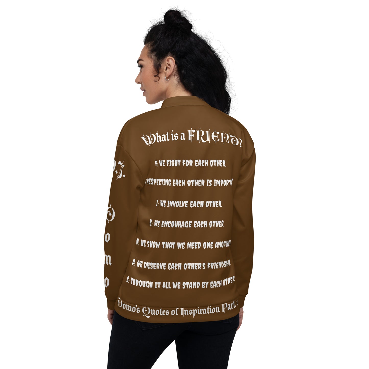 D.J. Domo "What is a Friend?" Unisex Bomber Jacket Brown/White