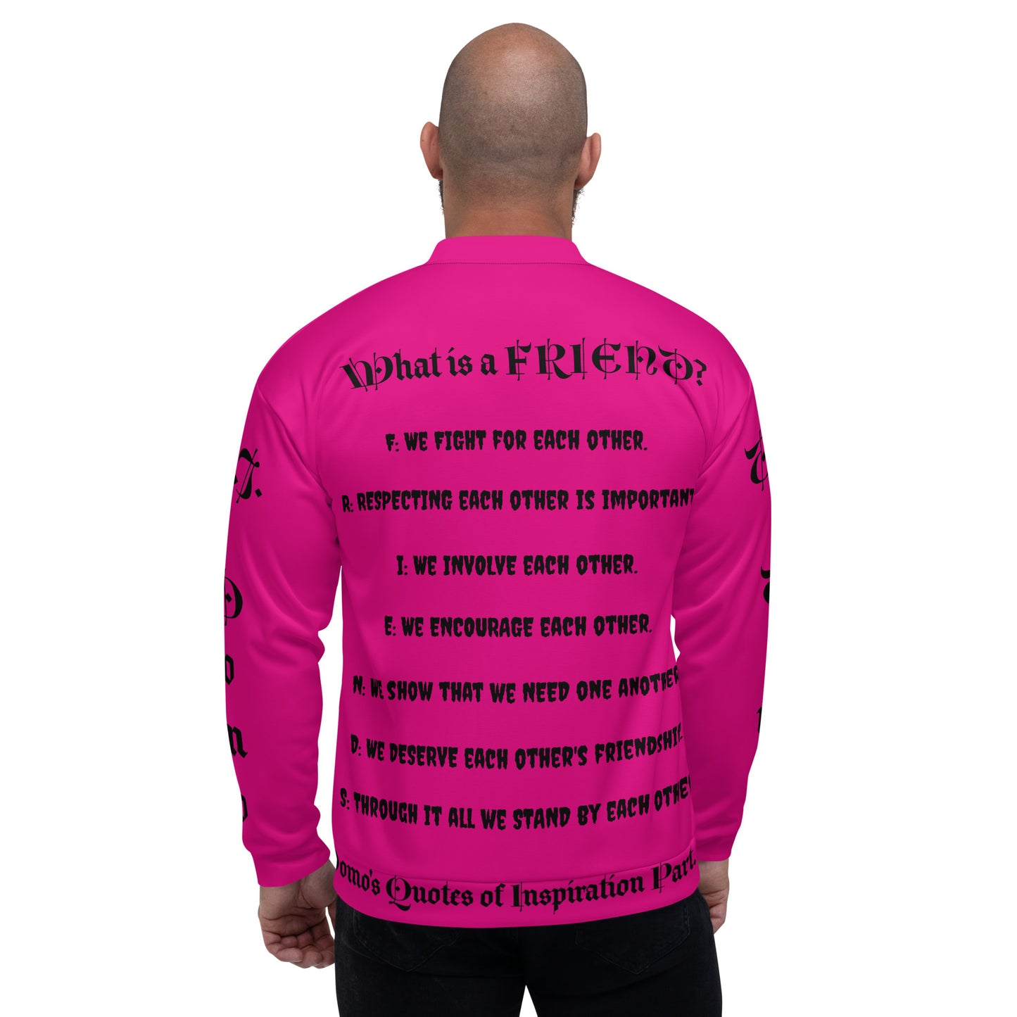 D.J. Domo "What is a Friend?" Unisex Bomber Jacket Pink/Black