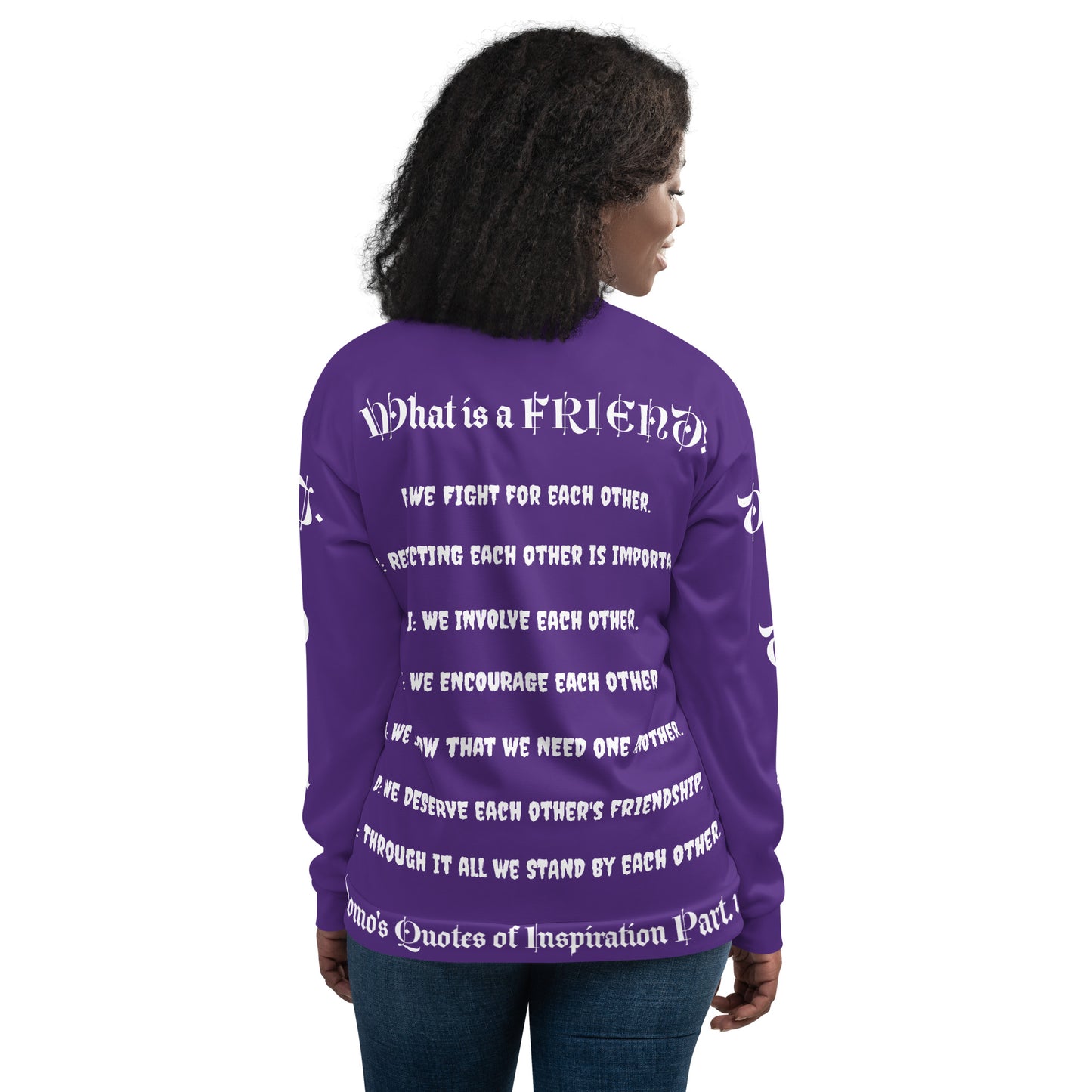 D.J. Domo "What is a Friend?" Unisex Bomber Jacket Purple/White