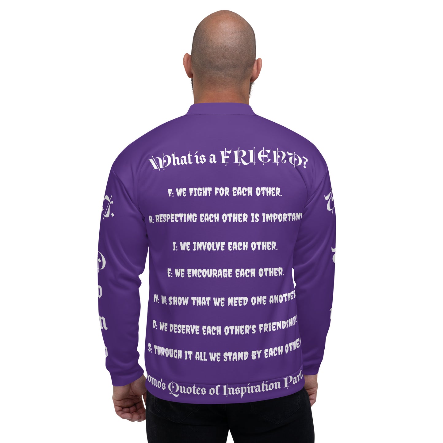 D.J. Domo "What is a Friend?" Unisex Bomber Jacket Purple/White