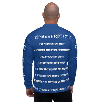 D.J. Domo "What is a Friend?" Unisex Bomber Jacket Dark Blue/White