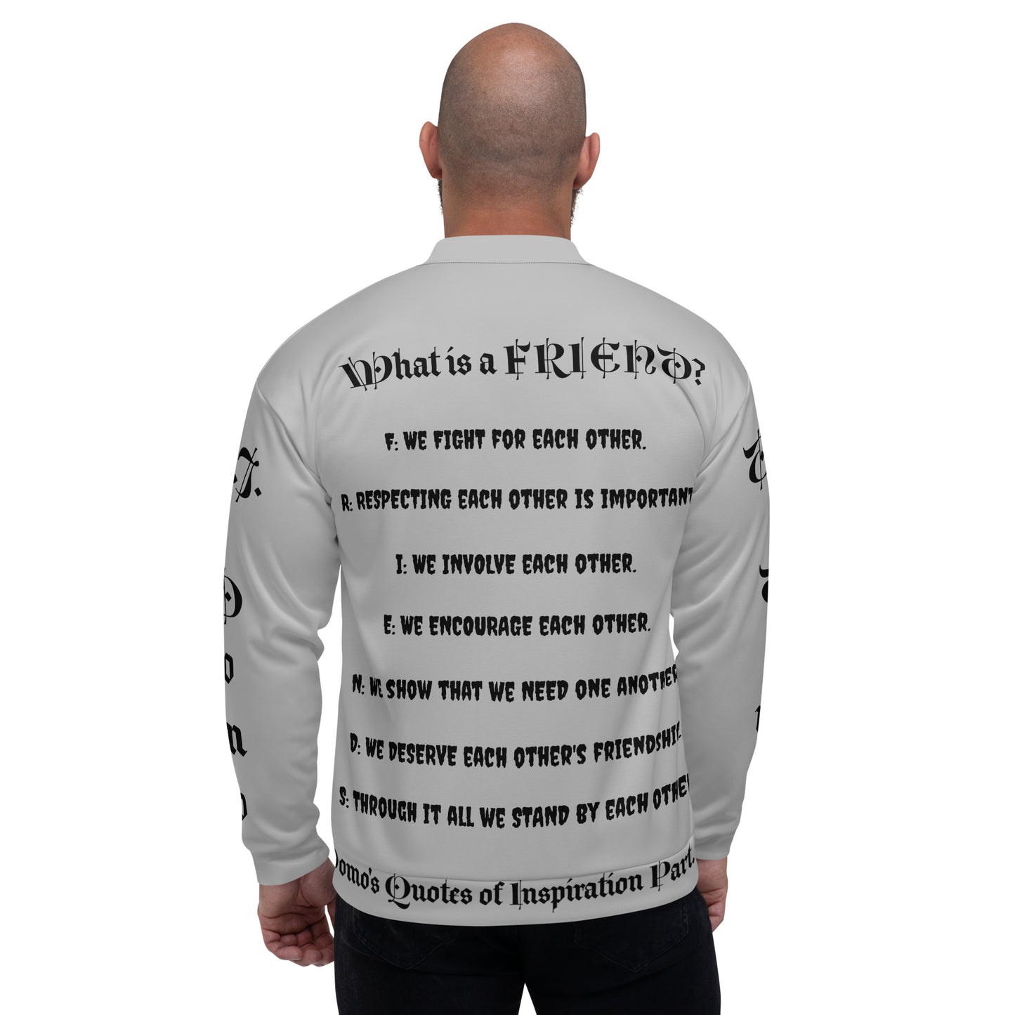 D.J. Domo "What is a Friend?" Unisex Bomber Jacket Gray/Black