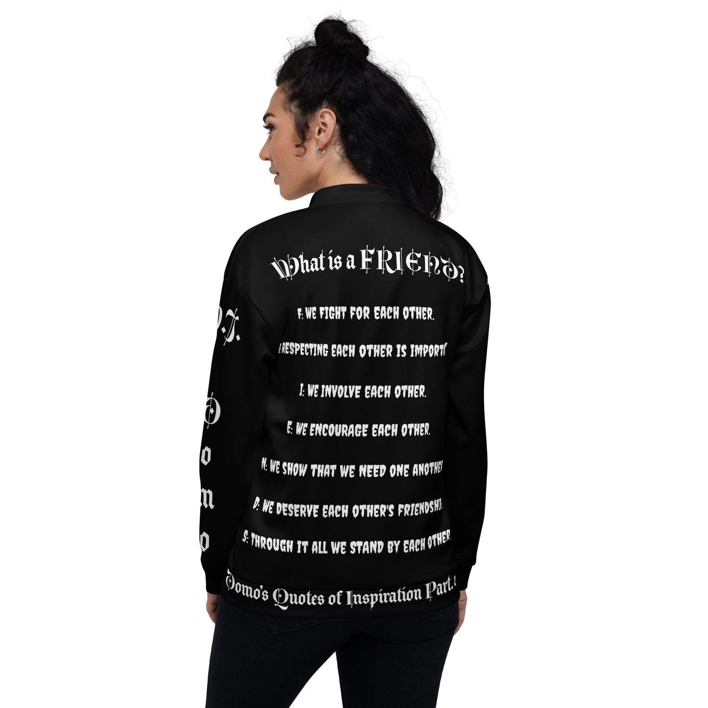 D.J. Domo "What is a Friend?" Unisex Bomber Jacket Black/White