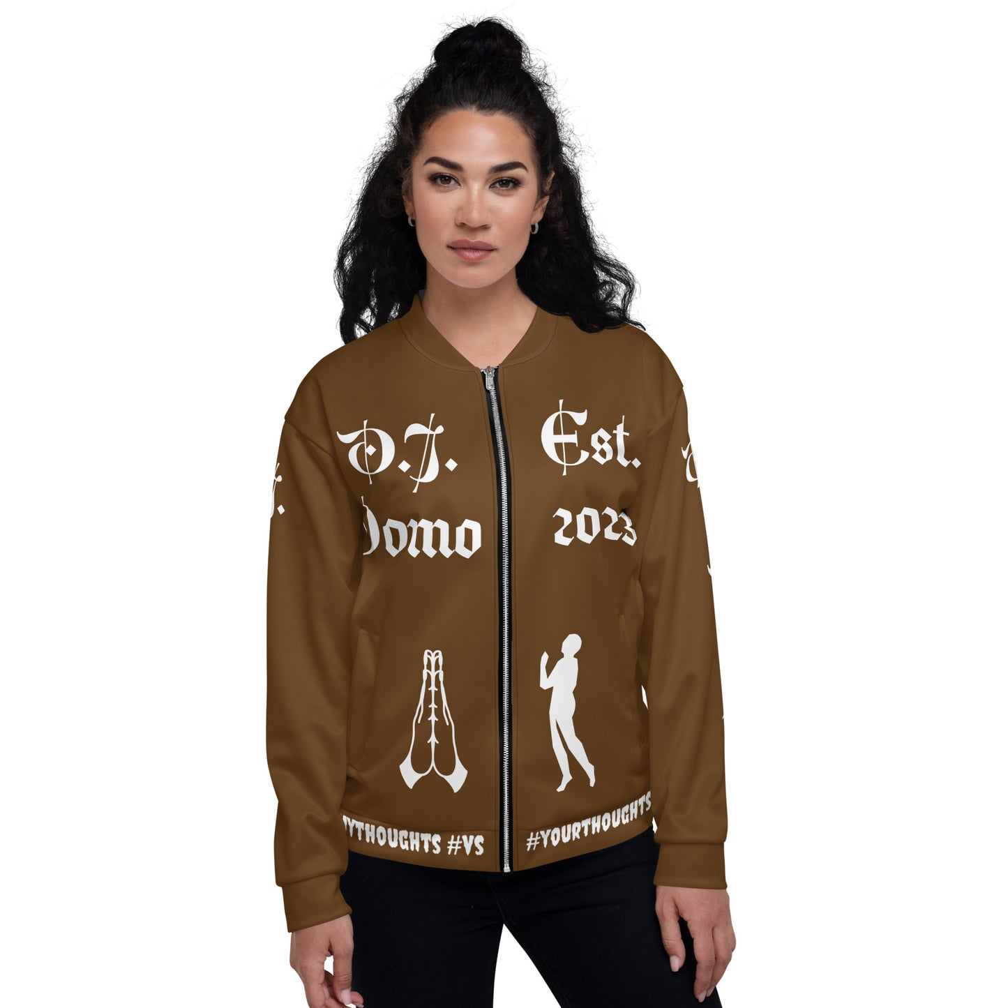 D.J. Domo "PRAYER" Unisex Bomber Jacket Brown/White