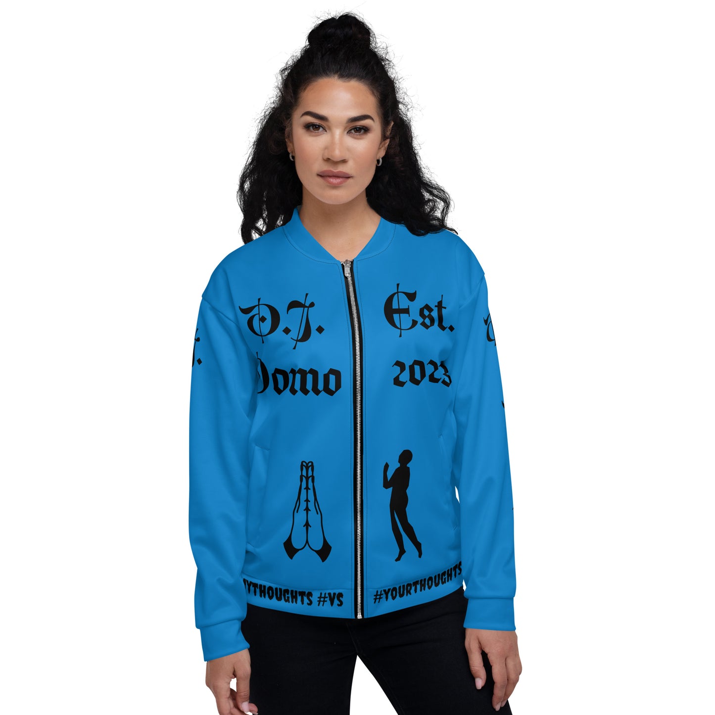 D.J. Domo "PRAYER" Unisex Bomber Jacket Light Blue/Black