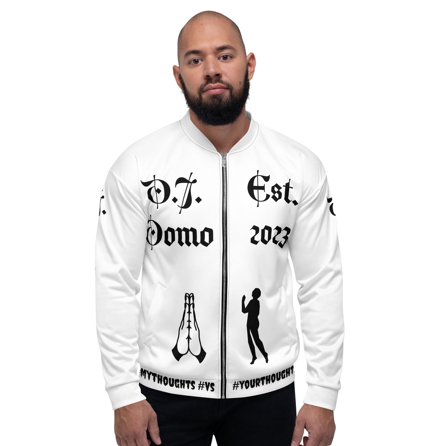 D.J. Domo "PRAYER" Unisex Bomber Jacket White/Black