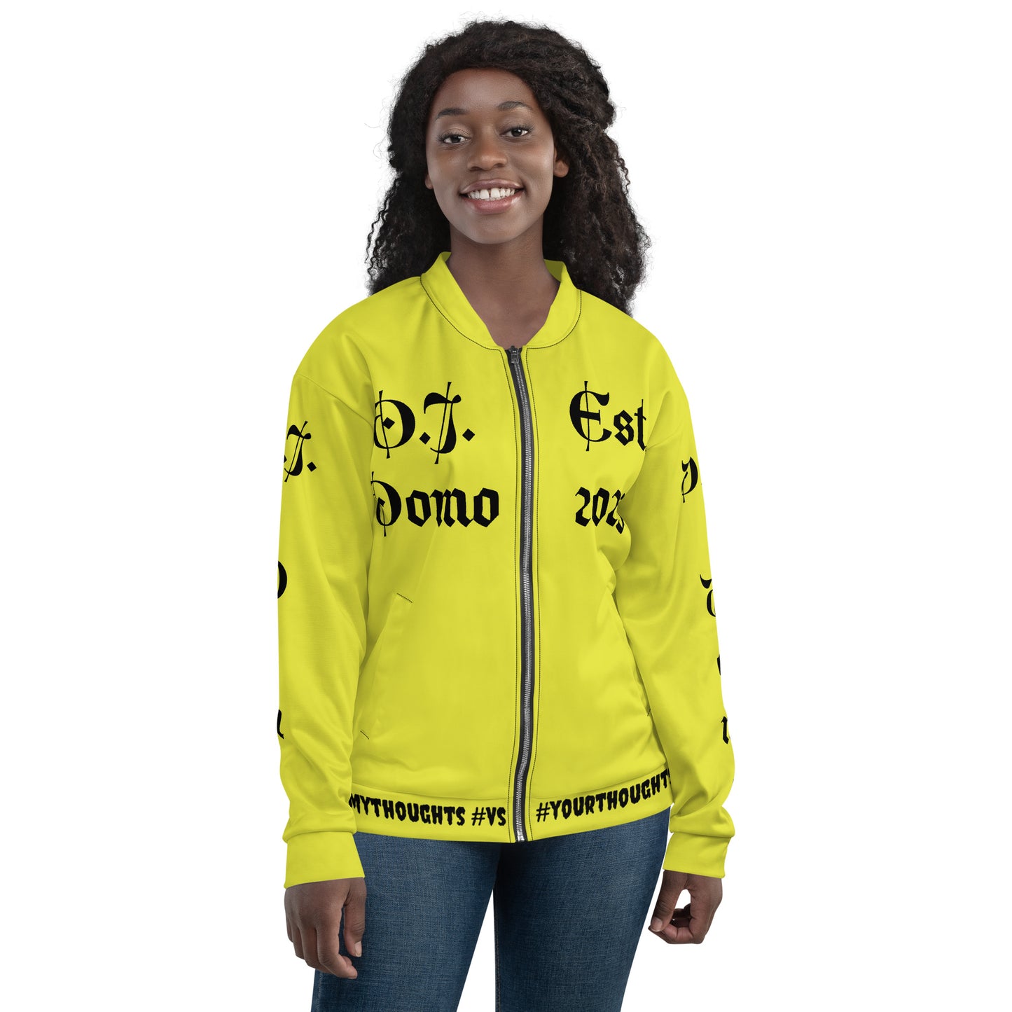 D.J. Domo "What is a Friend?" Unisex Bomber Jacket Yellow/Black