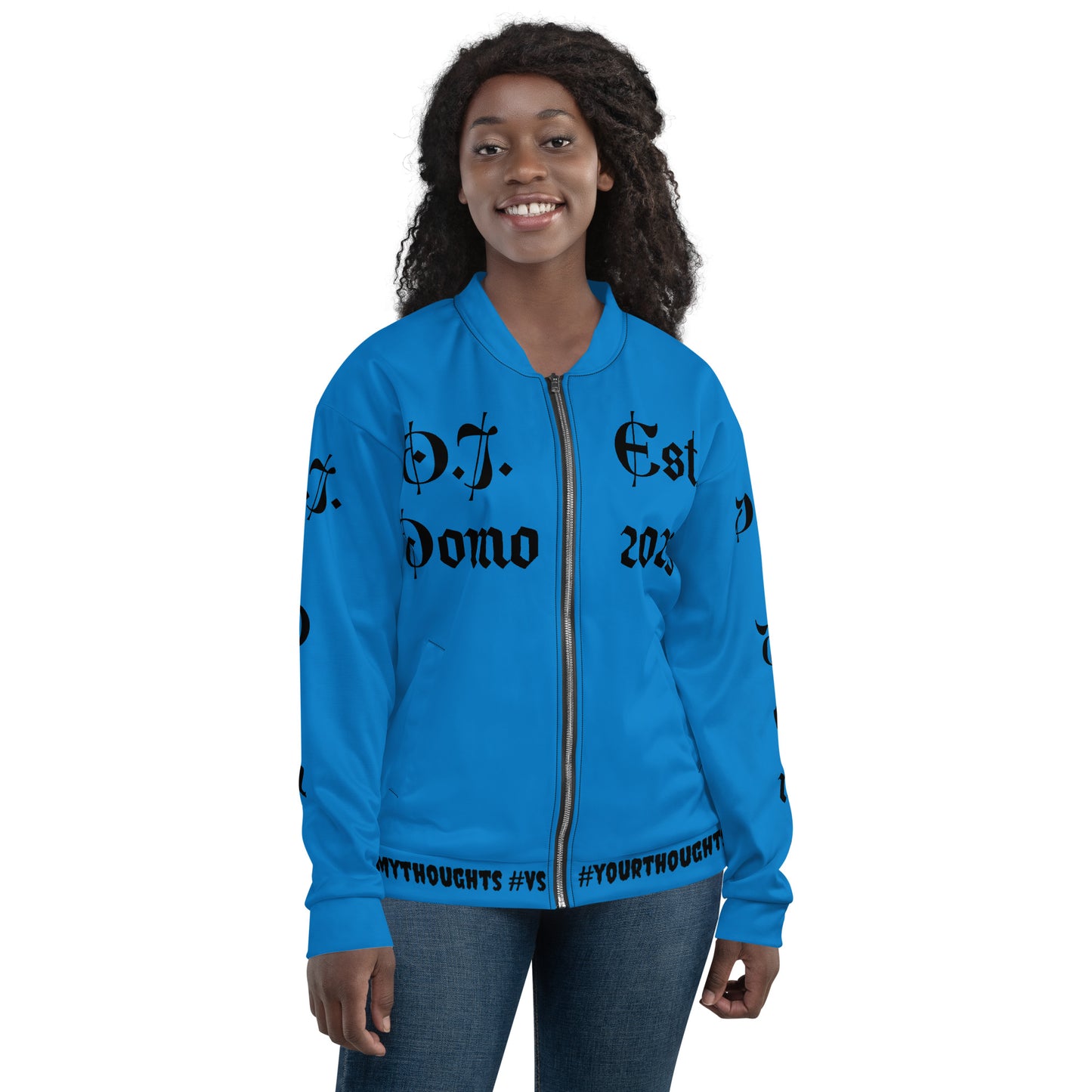 D.J. Domo "What is a Friend?" Unisex Bomber Jacket Light Blue/Black