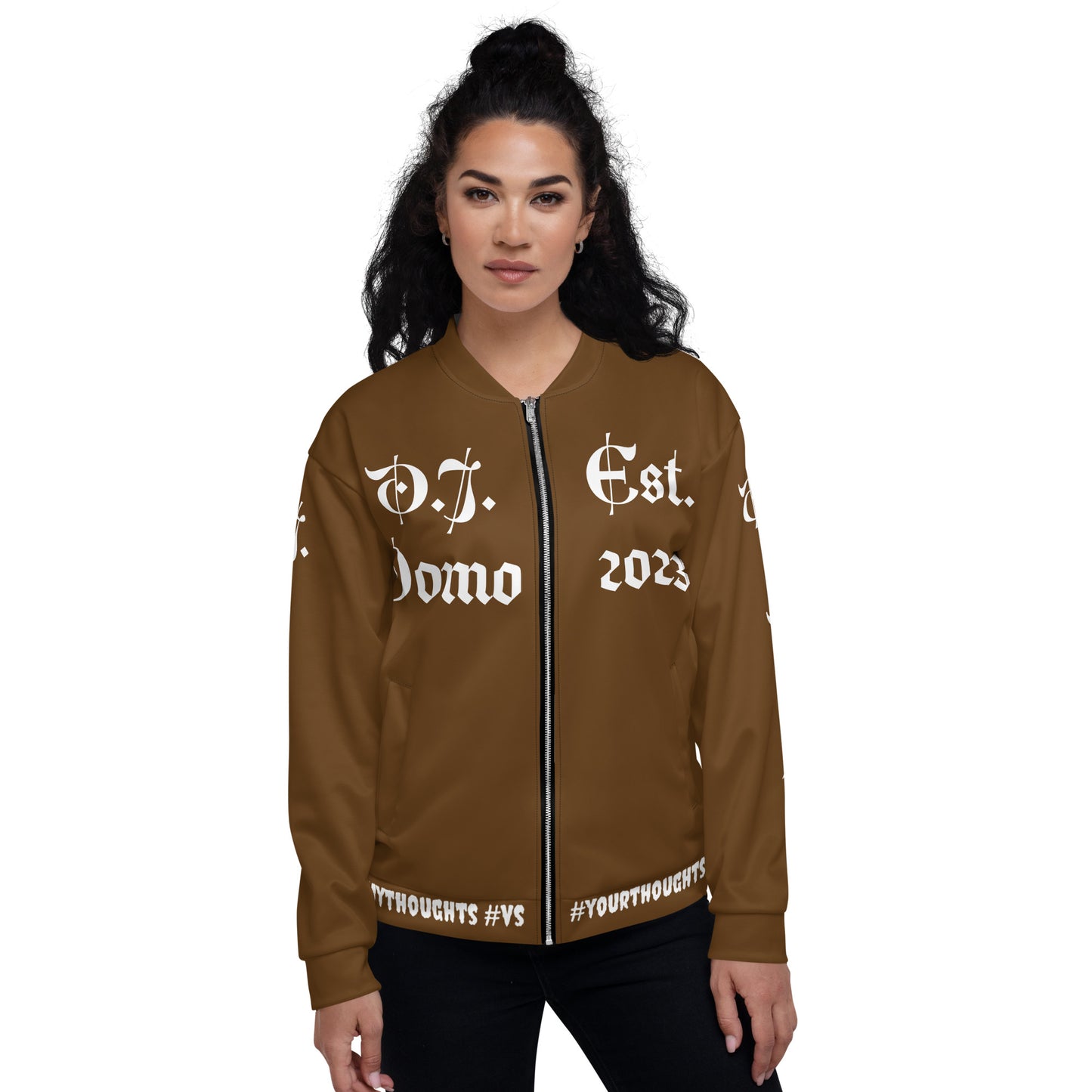 D.J. Domo "What is a Friend?" Unisex Bomber Jacket Brown/White