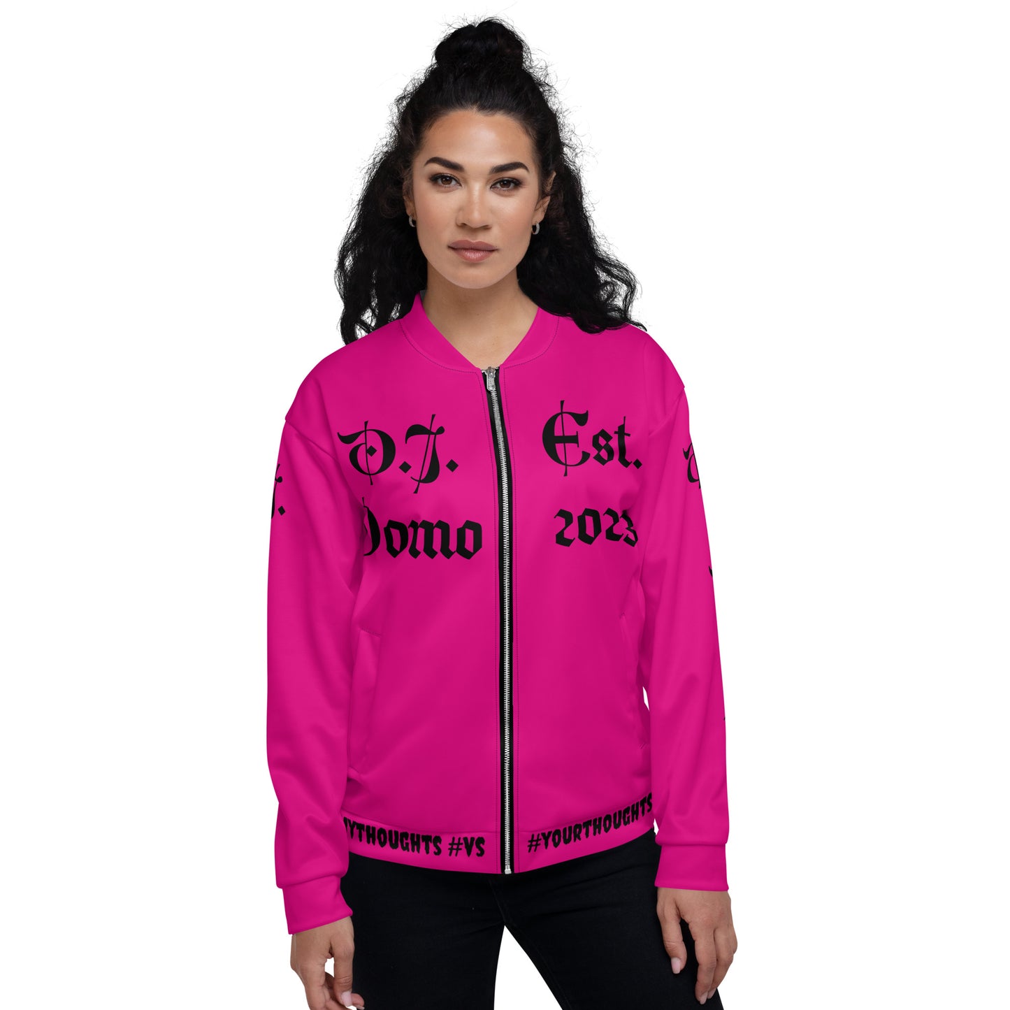 D.J. Domo "What is a Friend?" Unisex Bomber Jacket Pink/Black