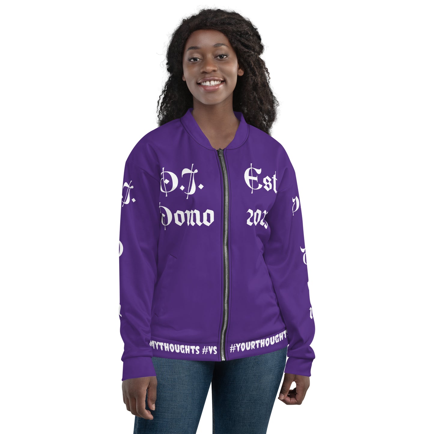 D.J. Domo "What is a Friend?" Unisex Bomber Jacket Purple/White