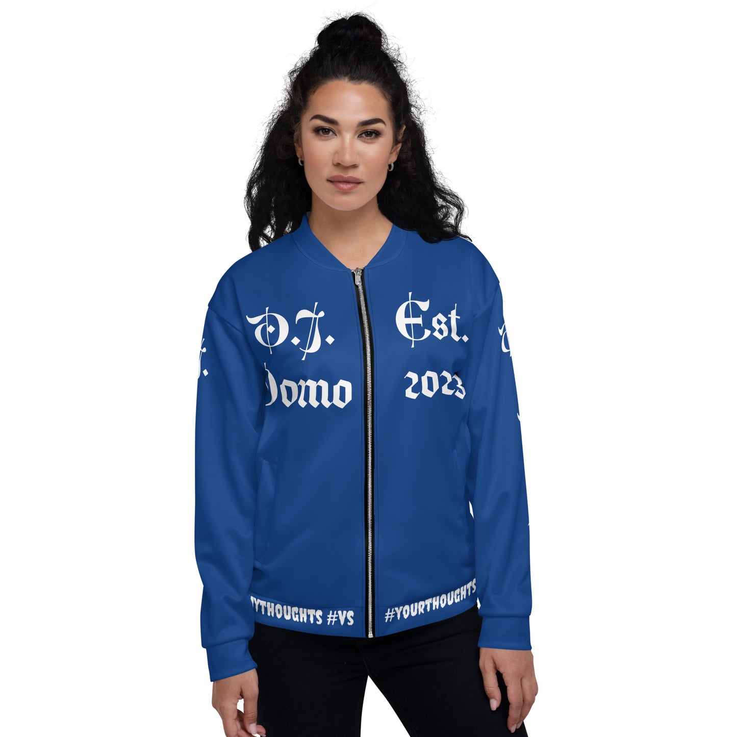 D.J. Domo "What is a Friend?" Unisex Bomber Jacket Dark Blue/White