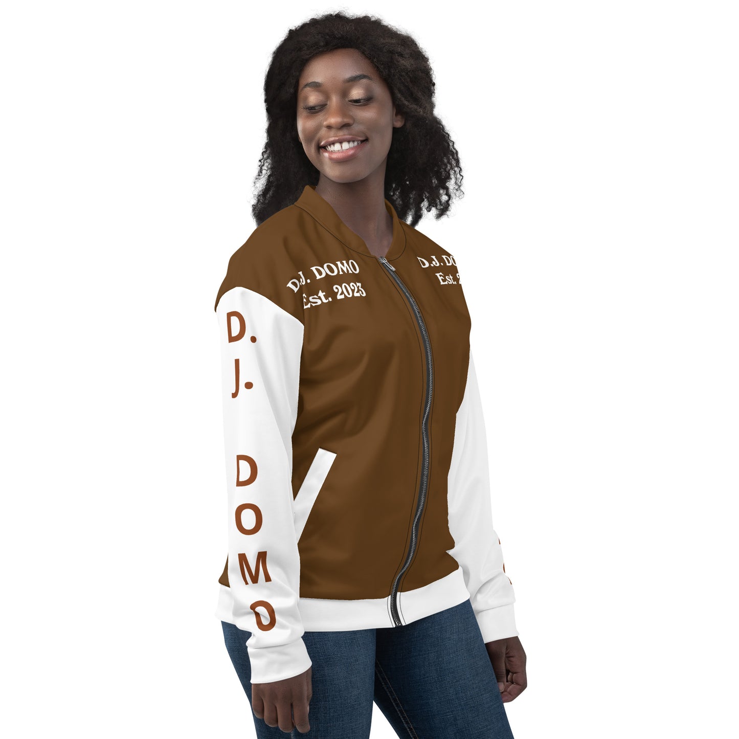 D.J. Domo "Regretted" Unisex Bomber Jacket Brown/White