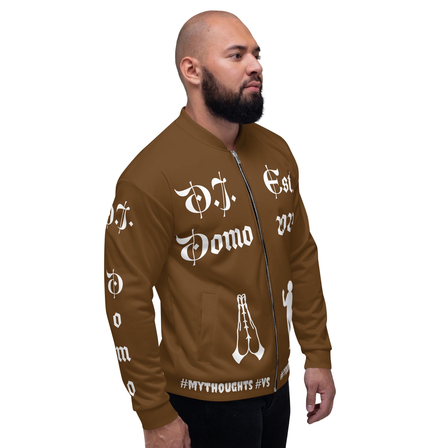 D.J. Domo "PRAYER" Unisex Bomber Jacket Brown/White