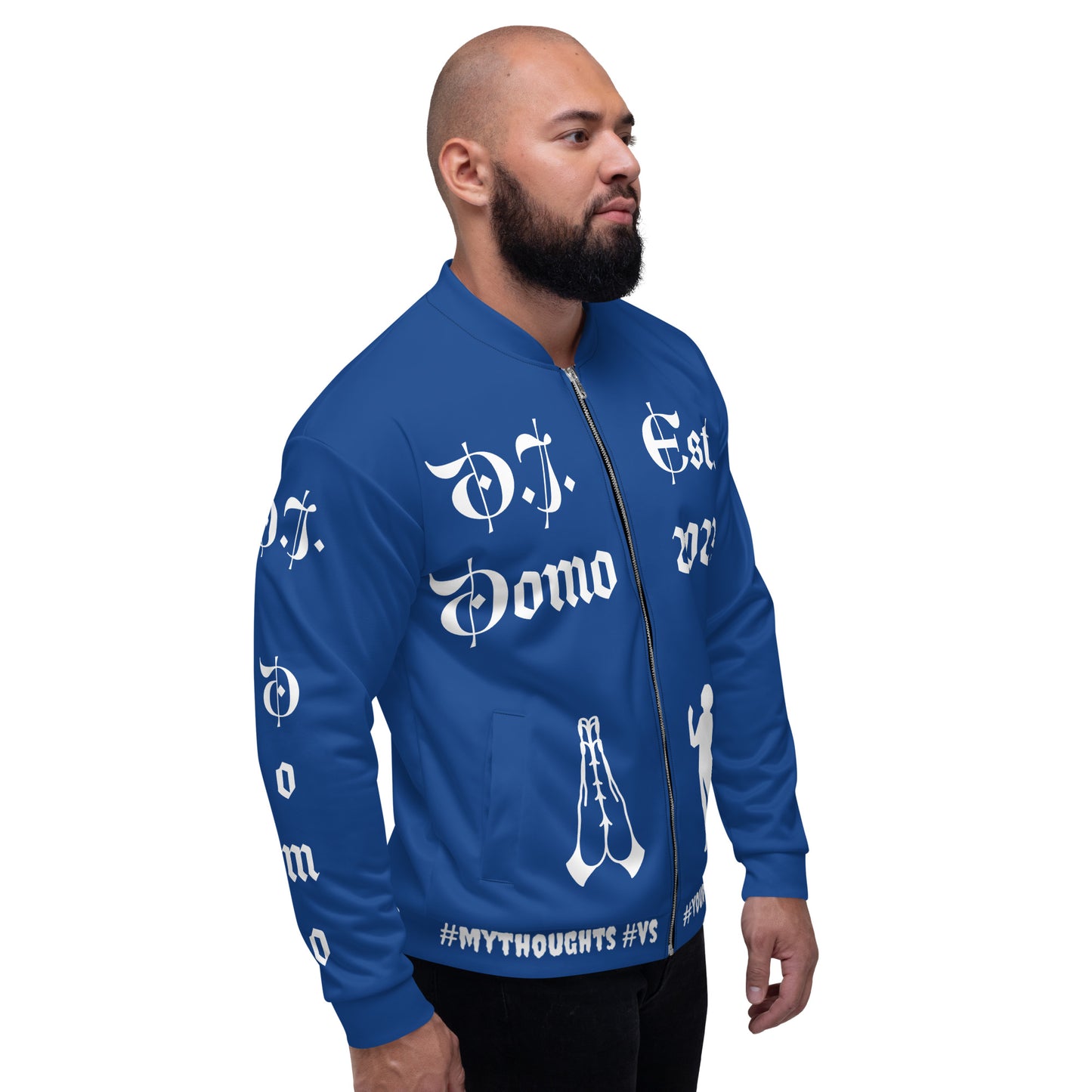 D.J. Domo "PRAYER" Unisex Bomber Jacket Dark Blue/White