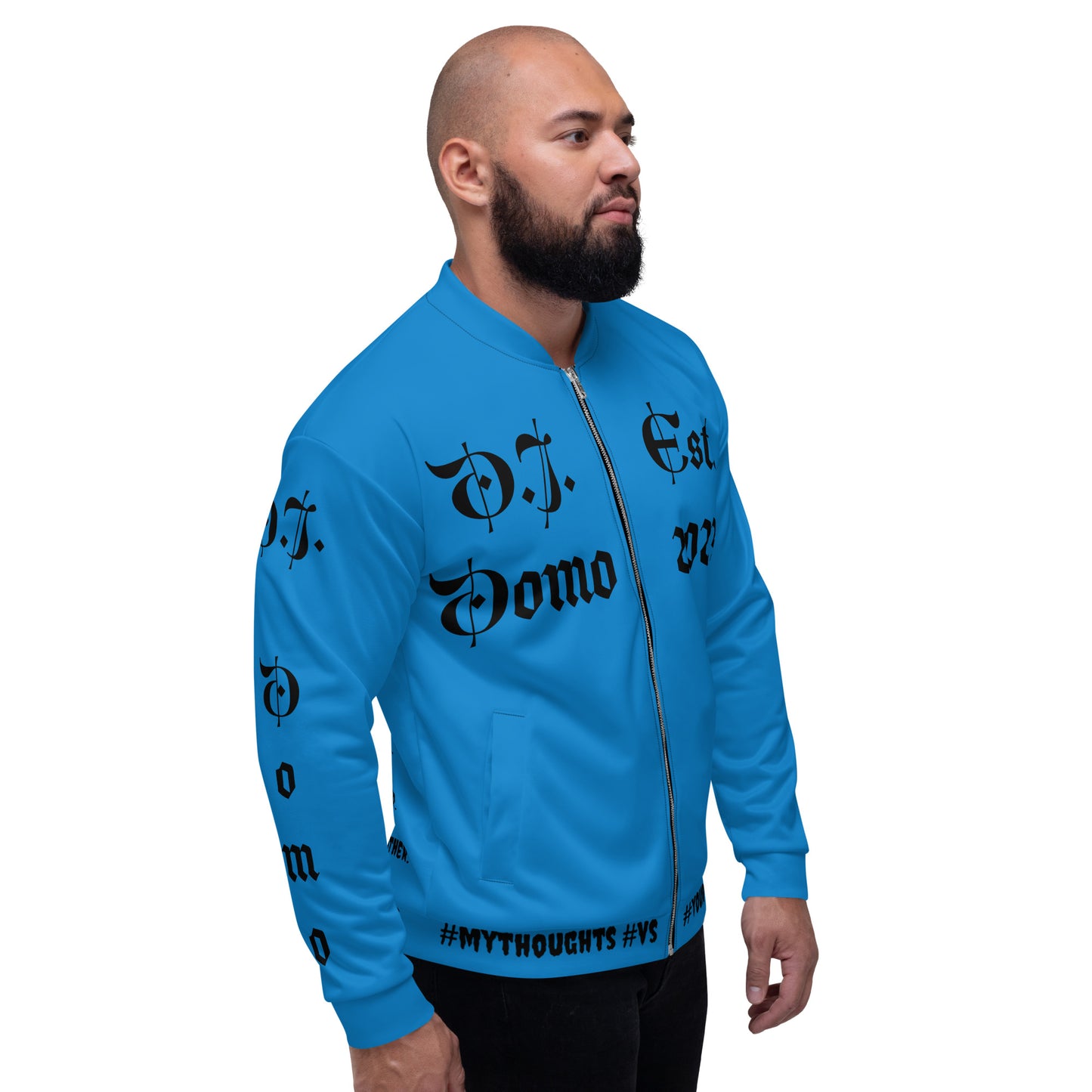 D.J. Domo "What is a Friend?" Unisex Bomber Jacket Light Blue/Black