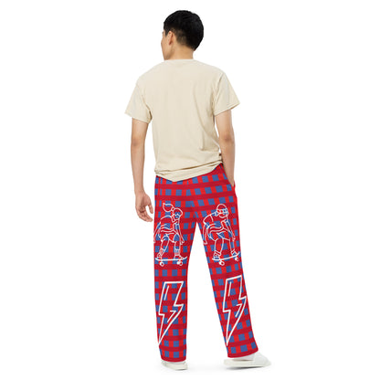 D.J. Domo "Skater Bolts" Unisex Wide-Leg Pants Plaid/White