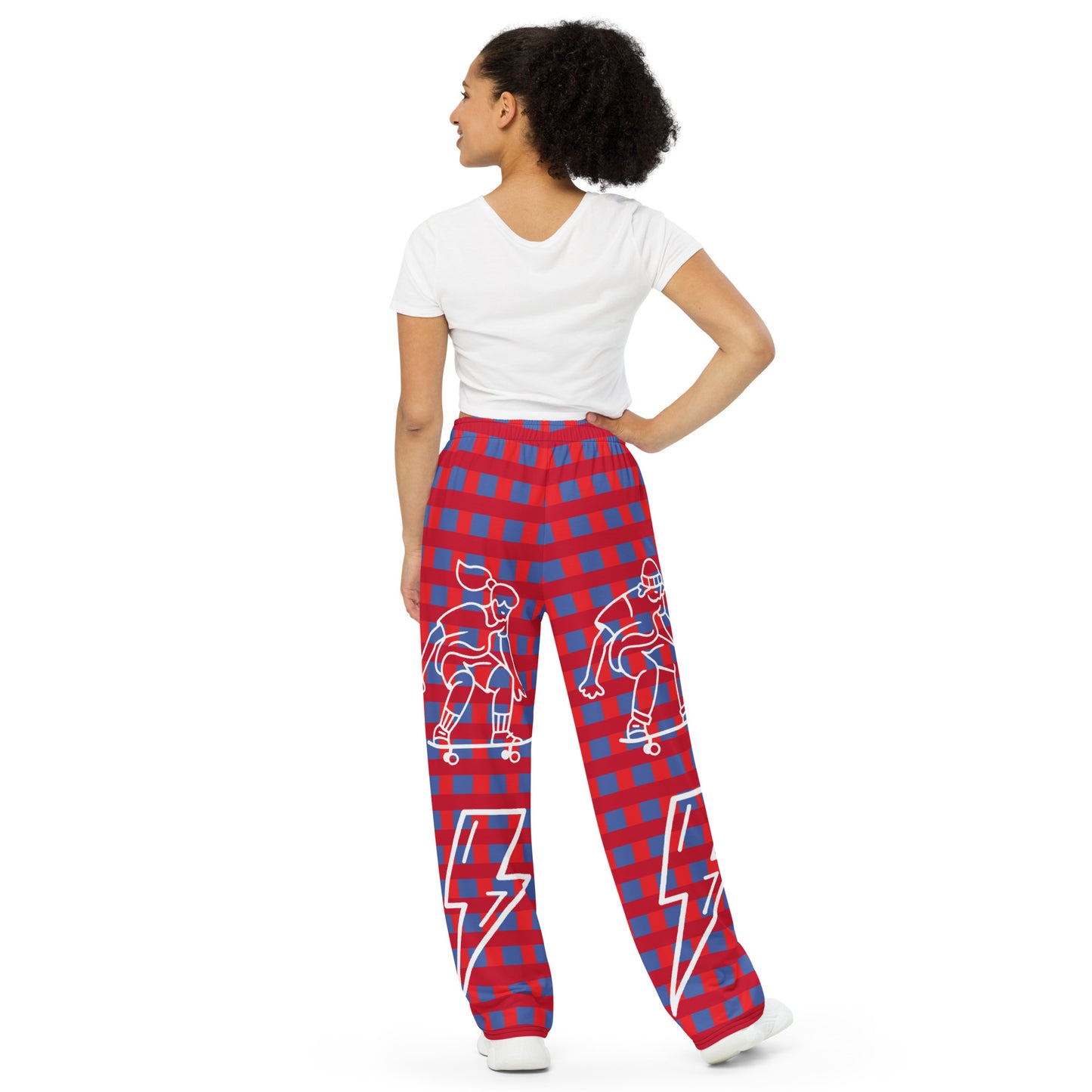 D.J. Domo "Skater Bolts" Unisex Wide-Leg Pants Plaid/White