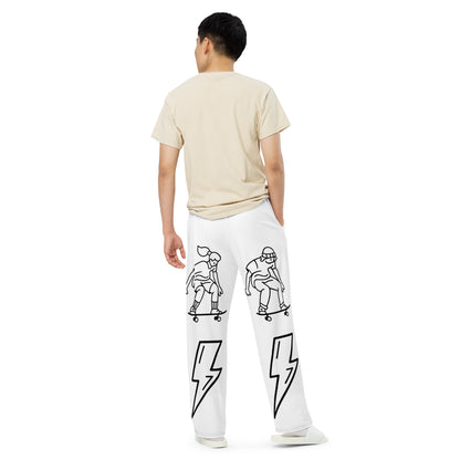 D.J. Domo "Skater Bolts" Unisex Wide-Leg Pants White/Black