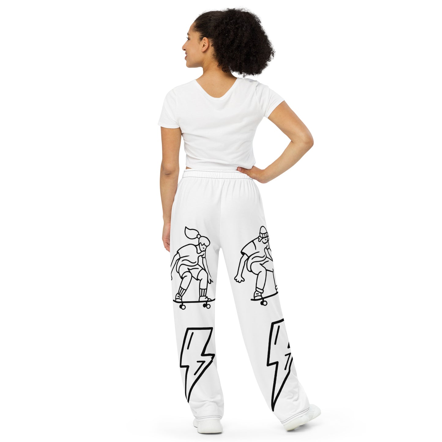 D.J. Domo "Skater Bolts" Unisex Wide-Leg Pants White/Black