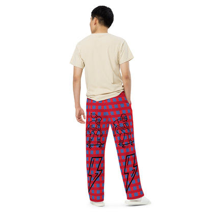 D.J. Domo "Skater Bolts" Unisex Wide-Leg Pants Plaid/Black