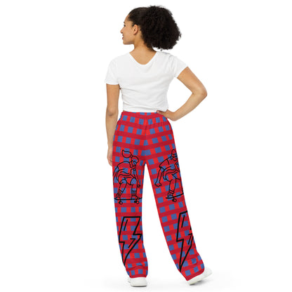 D.J. Domo "Skater Bolts" Unisex Wide-Leg Pants Plaid/Black