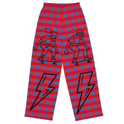 D.J. Domo "Skater Bolts" Unisex Wide-Leg Pants Plaid/Black