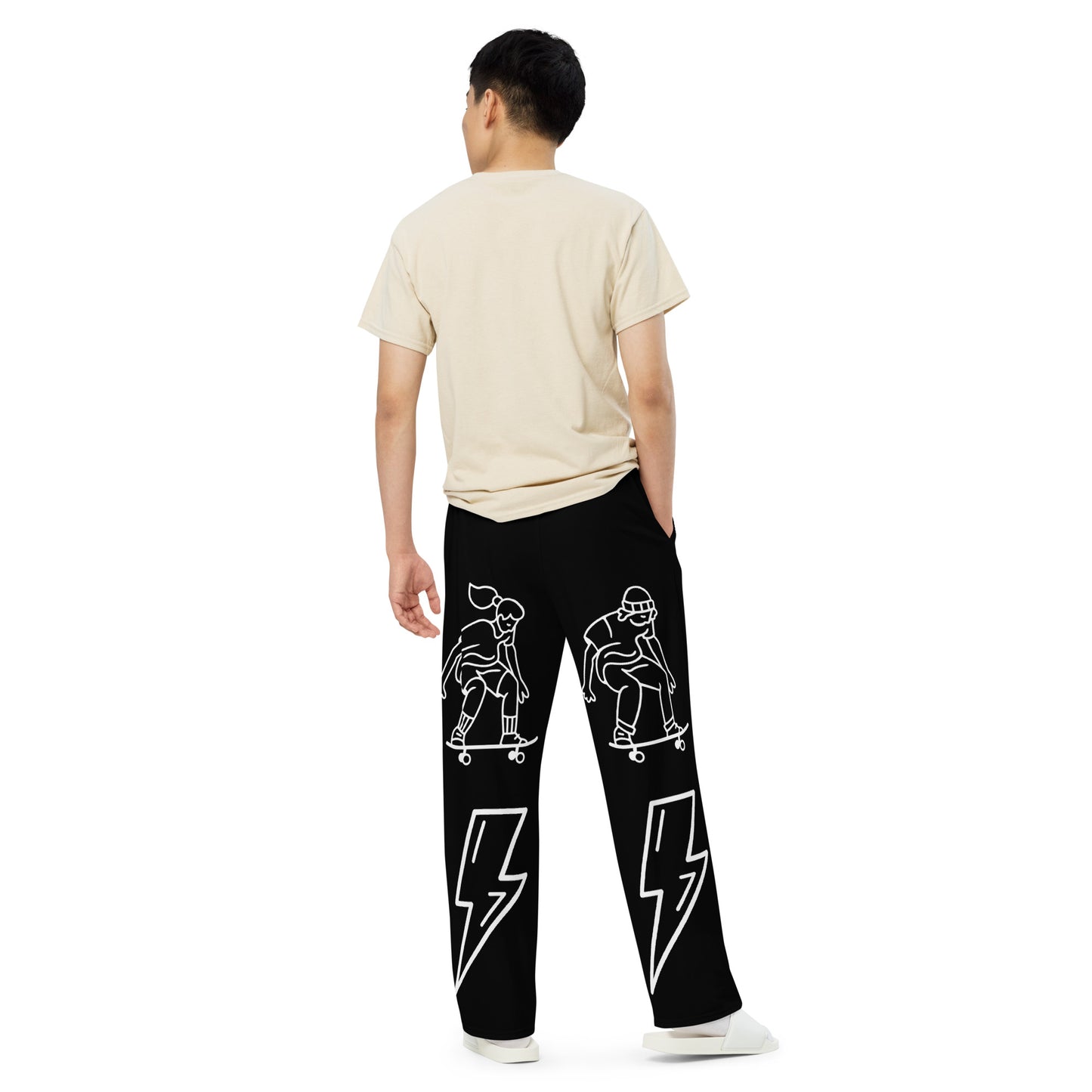 D.J. Domo "Skater Bolts" Unisex Wide-Leg Pants Black/White