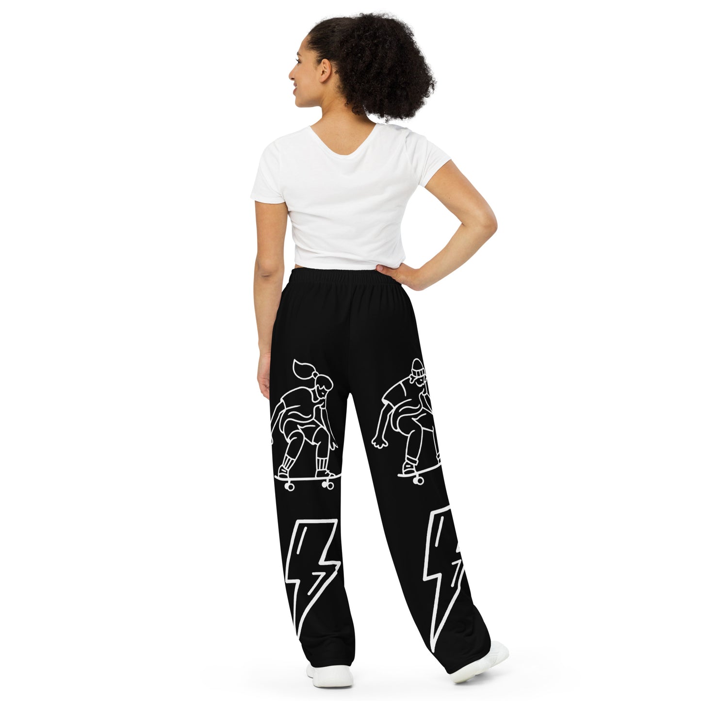 D.J. Domo "Skater Bolts" Unisex Wide-Leg Pants Black/White