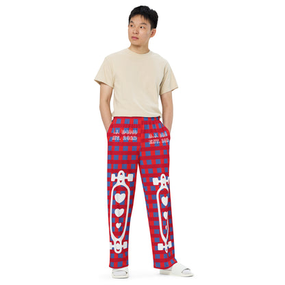 D.J. Domo "Skater Bolts" Unisex Wide-Leg Pants Plaid/White