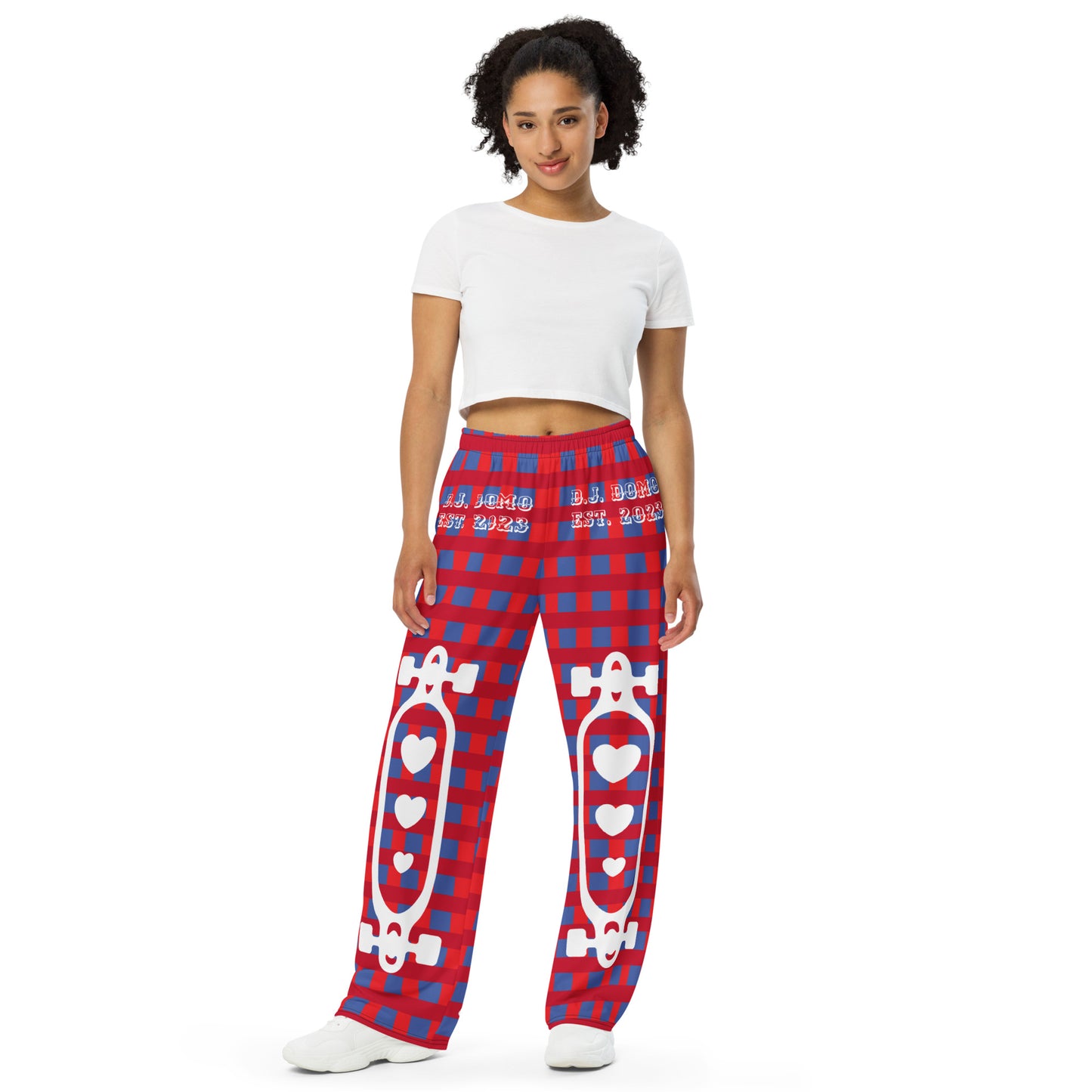 D.J. Domo "Skater Bolts" Unisex Wide-Leg Pants Plaid/White