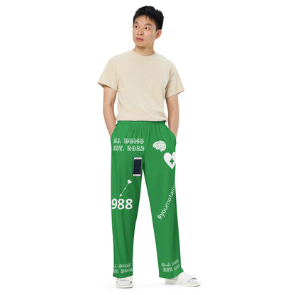 D.J. Domo "Mental Health 988" Unisex Wide-Leg Pants Green/White