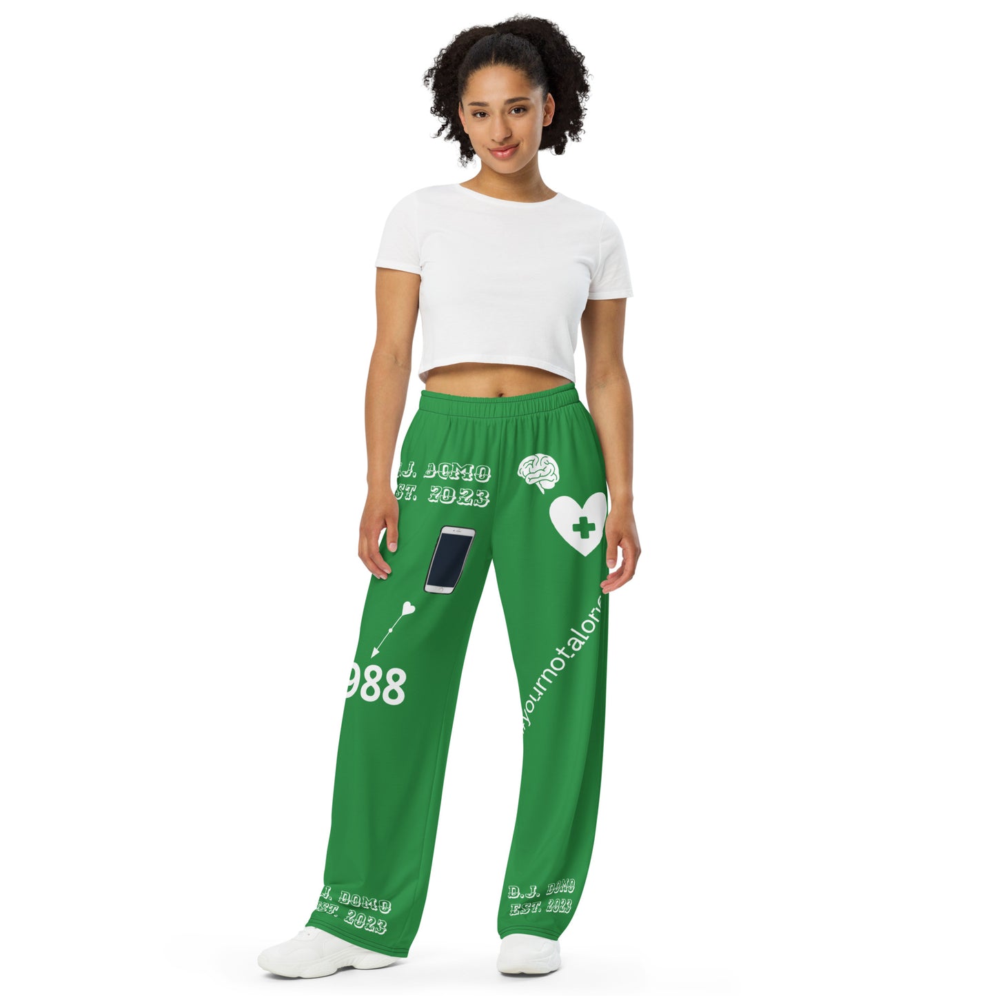 D.J. Domo "Mental Health 988" Unisex Wide-Leg Pants Green/White