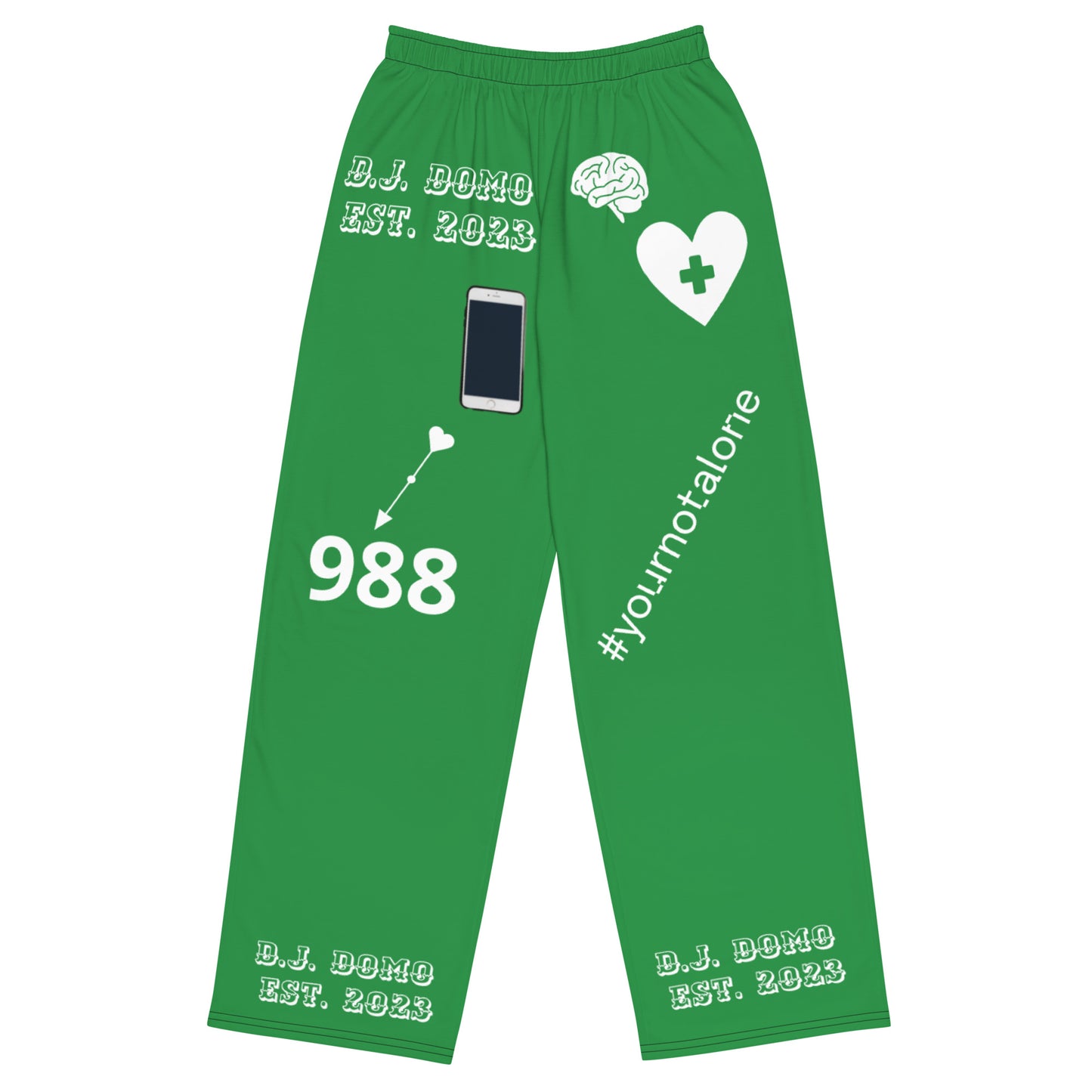 D.J. Domo "Mental Health 988" Unisex Wide-Leg Pants Green/White