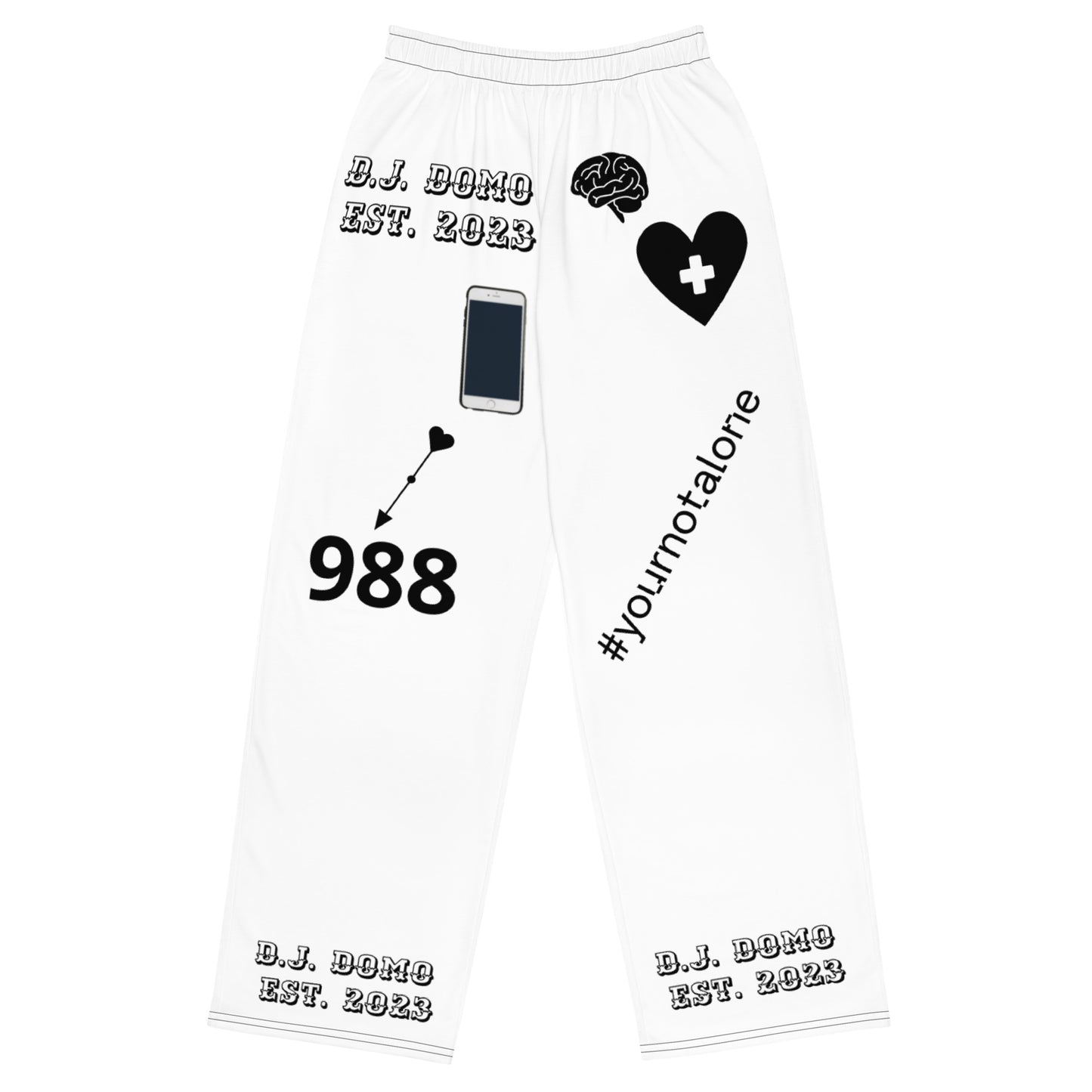 D.J. Domo "Mental Health 988" Unisex Wide-Leg Pants White/Black