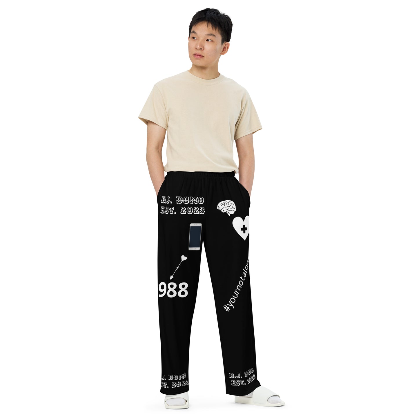 D.J. Domo "Mental Health 988" Unisex Wide-Leg Pants Black/White