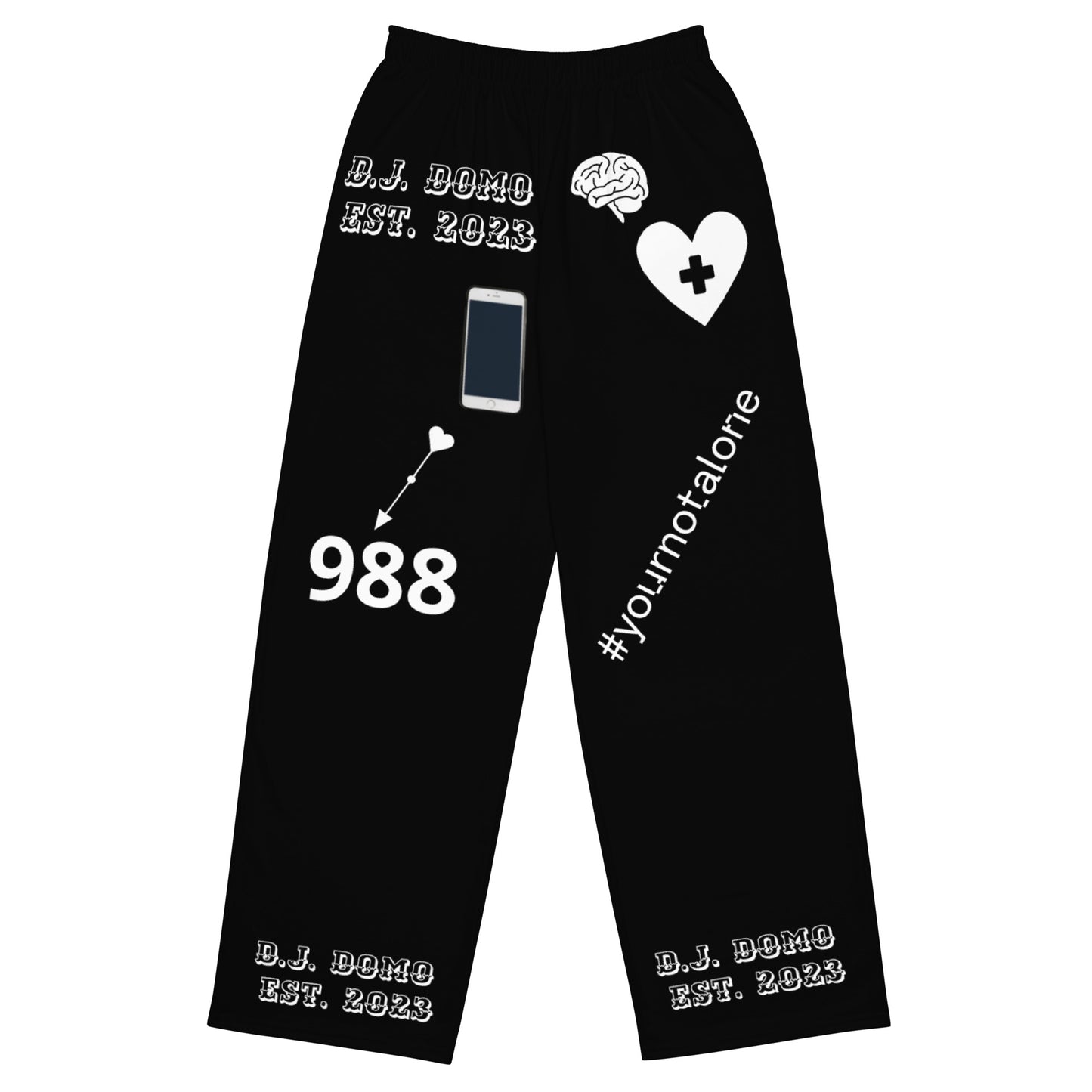 D.J. Domo "Mental Health 988" Unisex Wide-Leg Pants Black/White