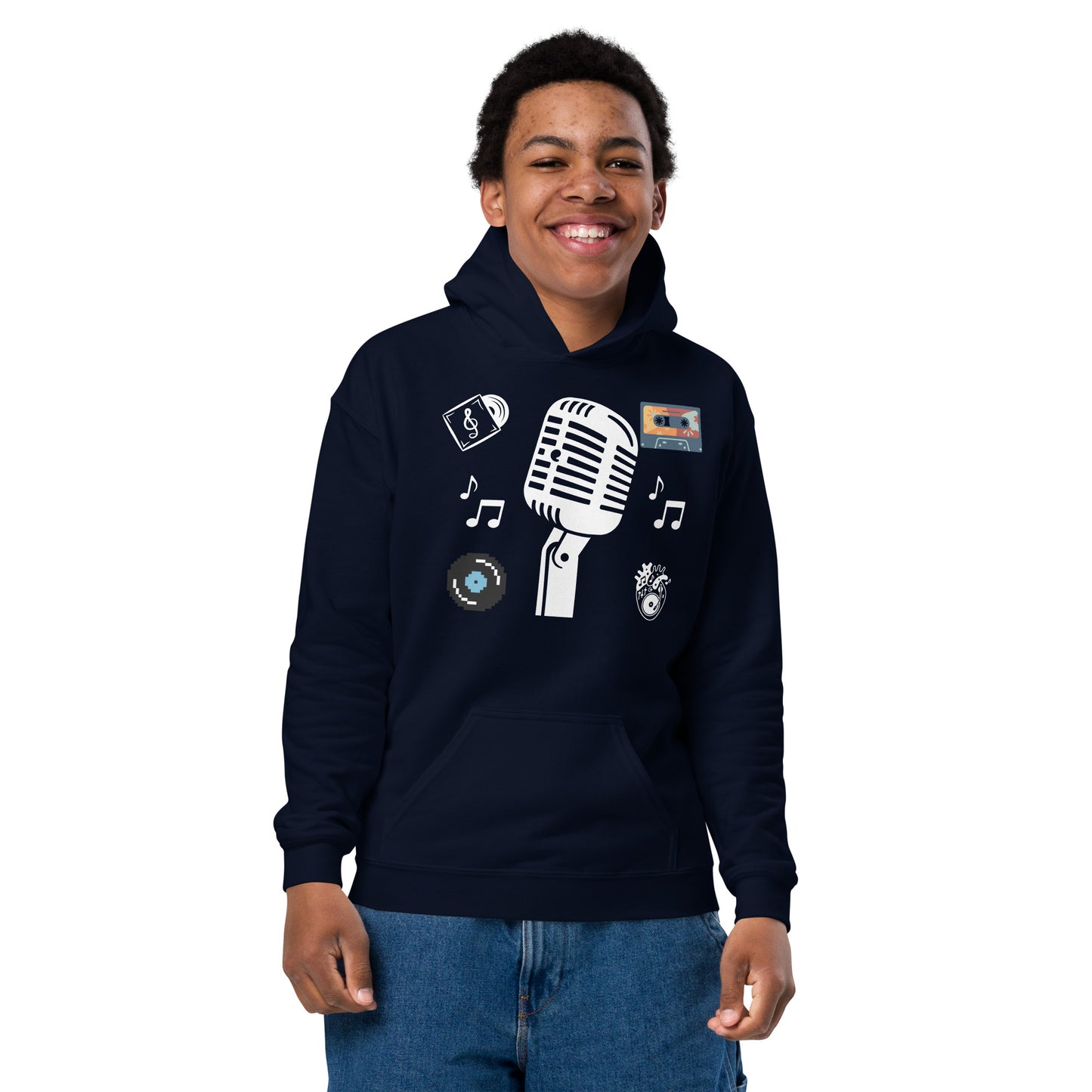 D.J. Domo Youth "Mic" Unisex Heavy Blend Hoodie Multi Color/White